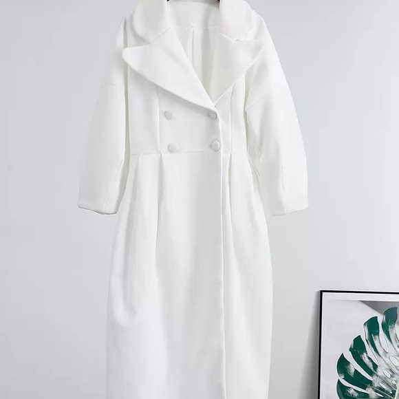 Coat white runway fashion button V-neck long puff lantern sleeve womens - Picture 9 of 9